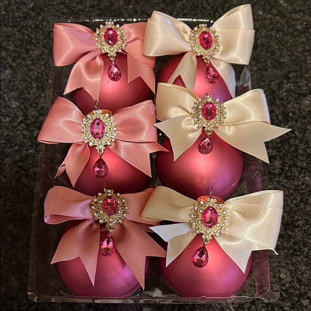 Pink and Cream Ornament Set with Bows and Jewels